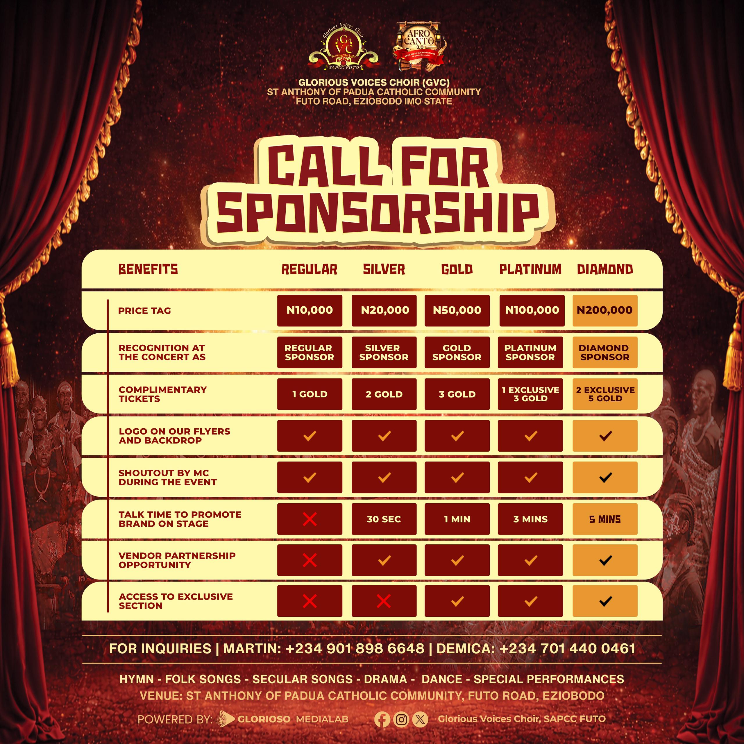 Sponsorship tiers and benefits table
